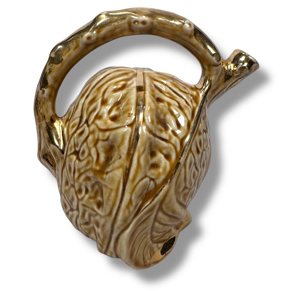 Vintage French Ceramic Pitcher 7" Gold Gilt Walnut Shaped Pottery C-70 France